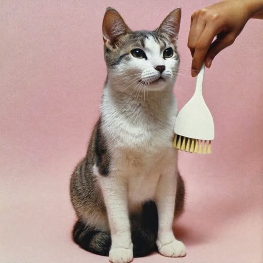 A cat being combed with a grooming brush